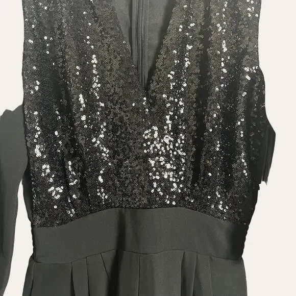 LINI Black Stella Sequin Faux Wrap Surplice Long Sleeve Party Jumpsuit Size XS